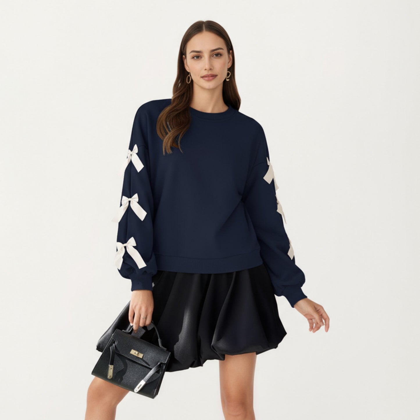 Long Sleeve Pullover Sweatshirt with Ribbon Bow Tie Details on Sleeves