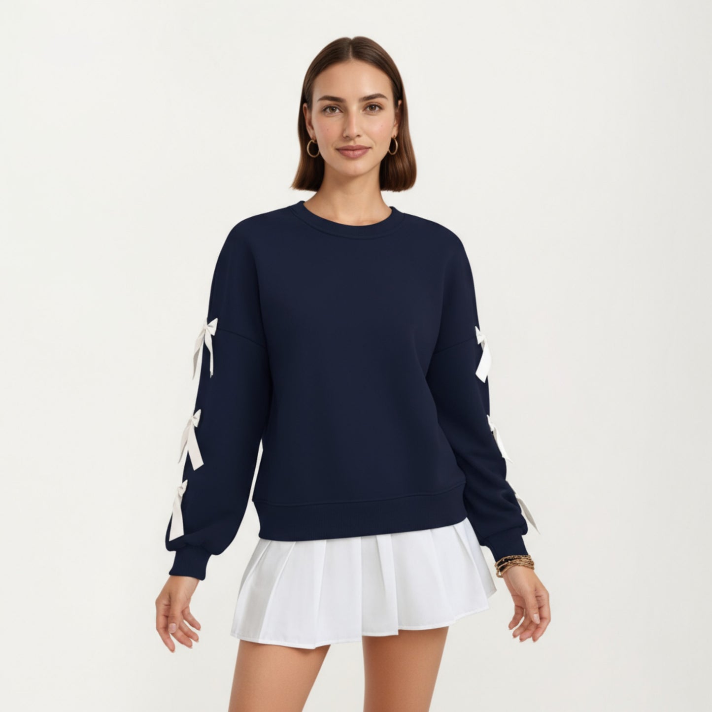 Long Sleeve Pullover Sweatshirt with Ribbon Bow Tie Details on Sleeves