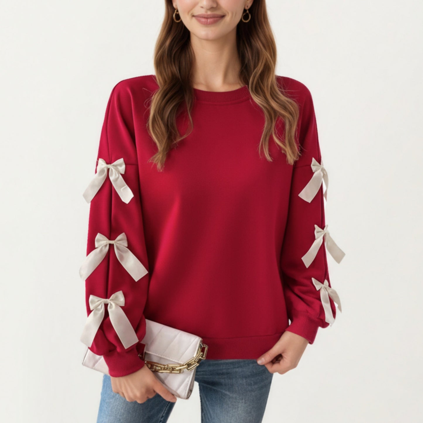 Long Sleeve Pullover Sweatshirt with Ribbon Bow Tie Details on Sleeves