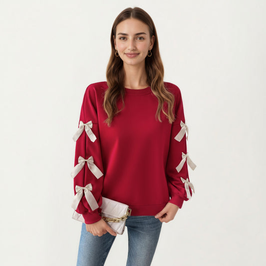 Long Sleeve Pullover Sweatshirt with Ribbon Bow Tie Details on Sleeves
