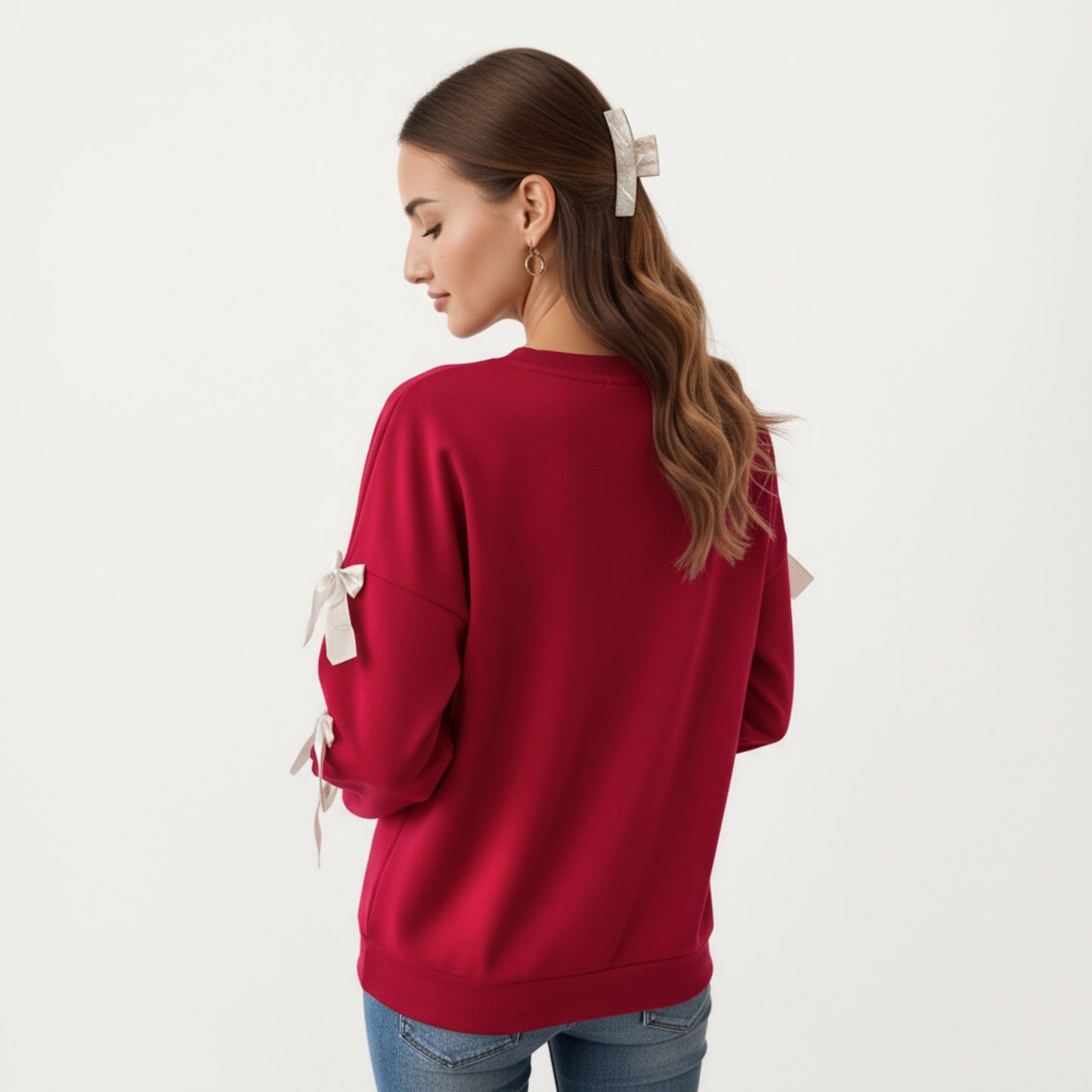 Long Sleeve Pullover Sweatshirt with Ribbon Bow Tie Details on Sleeves
