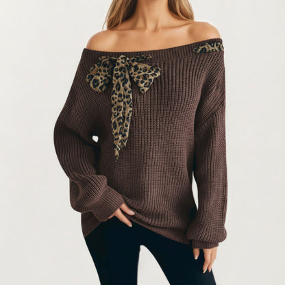 Off Shoulder Knit Pullover Top with Leopard Print Bow Tie Detail