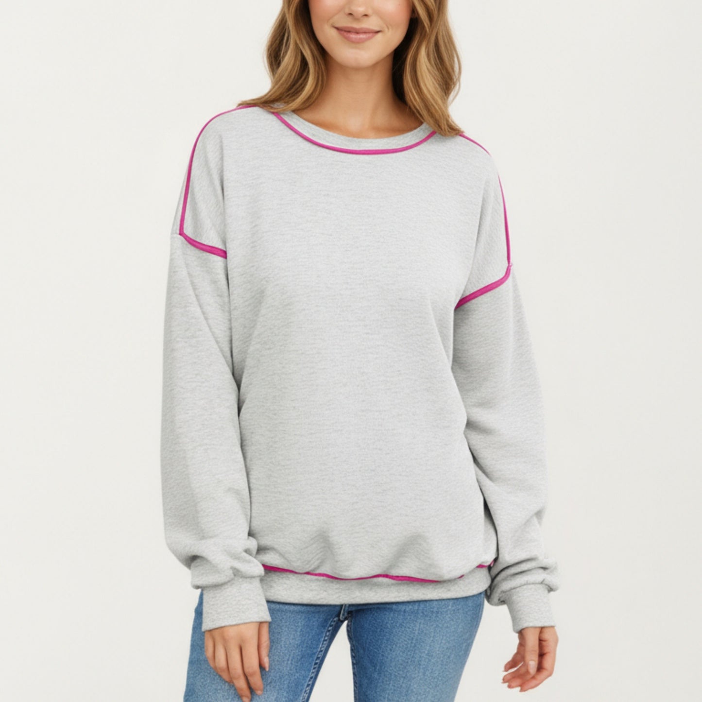 Long Sleeve Pullover Sweatshirt with Contrast Piping Detail and Relaxed Fit