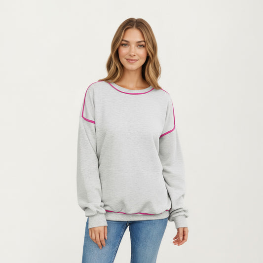 Long Sleeve Pullover Sweatshirt with Contrast Piping Detail and Relaxed Fit