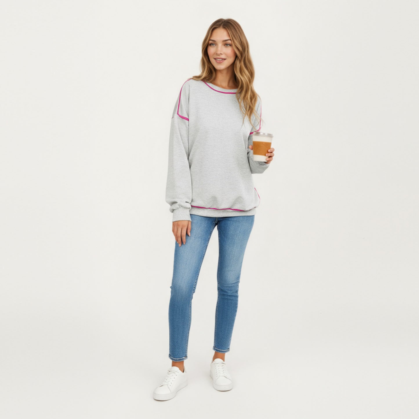 Long Sleeve Pullover Sweatshirt with Contrast Piping Detail and Relaxed Fit