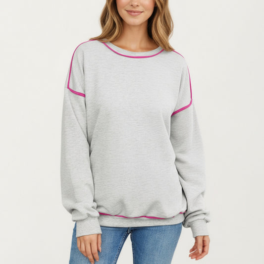 Long Sleeve Pullover Sweatshirt with Contrast Piping Detail and Relaxed Fit