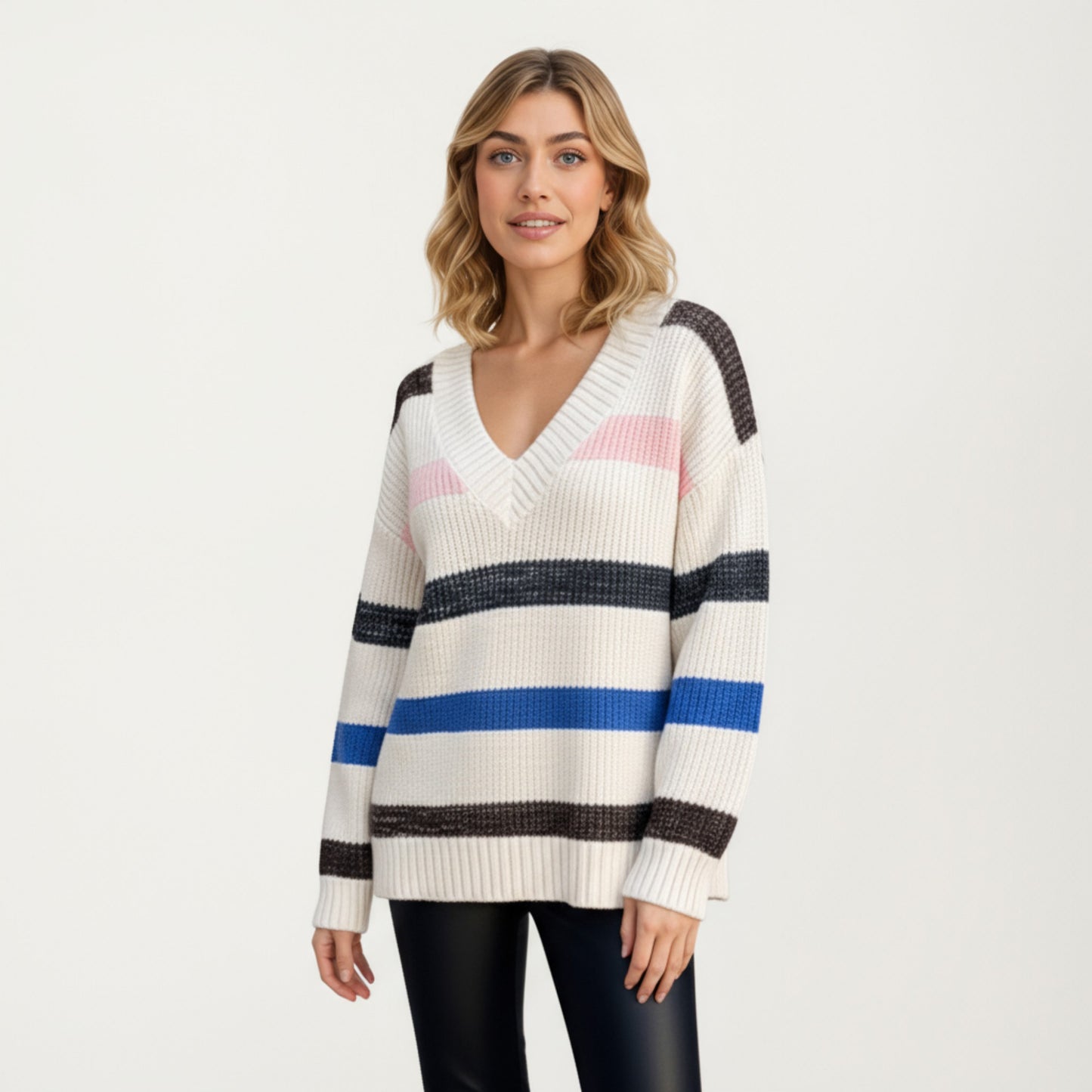 V-Neck Long Sleeve Ribbed Knit Sweater with Bold Multi-Color Horizontal Stripes