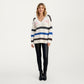 V-Neck Long Sleeve Ribbed Knit Sweater with Bold Multi-Color Horizontal Stripes