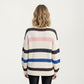 V-Neck Long Sleeve Ribbed Knit Sweater with Bold Multi-Color Horizontal Stripes