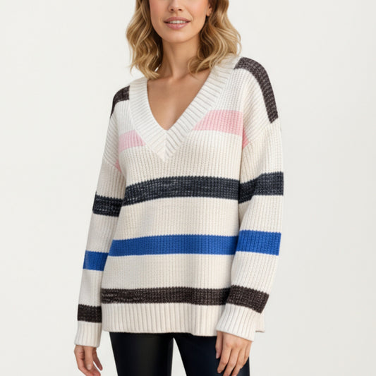 V-Neck Long Sleeve Ribbed Knit Sweater with Bold Multi-Color Horizontal Stripes