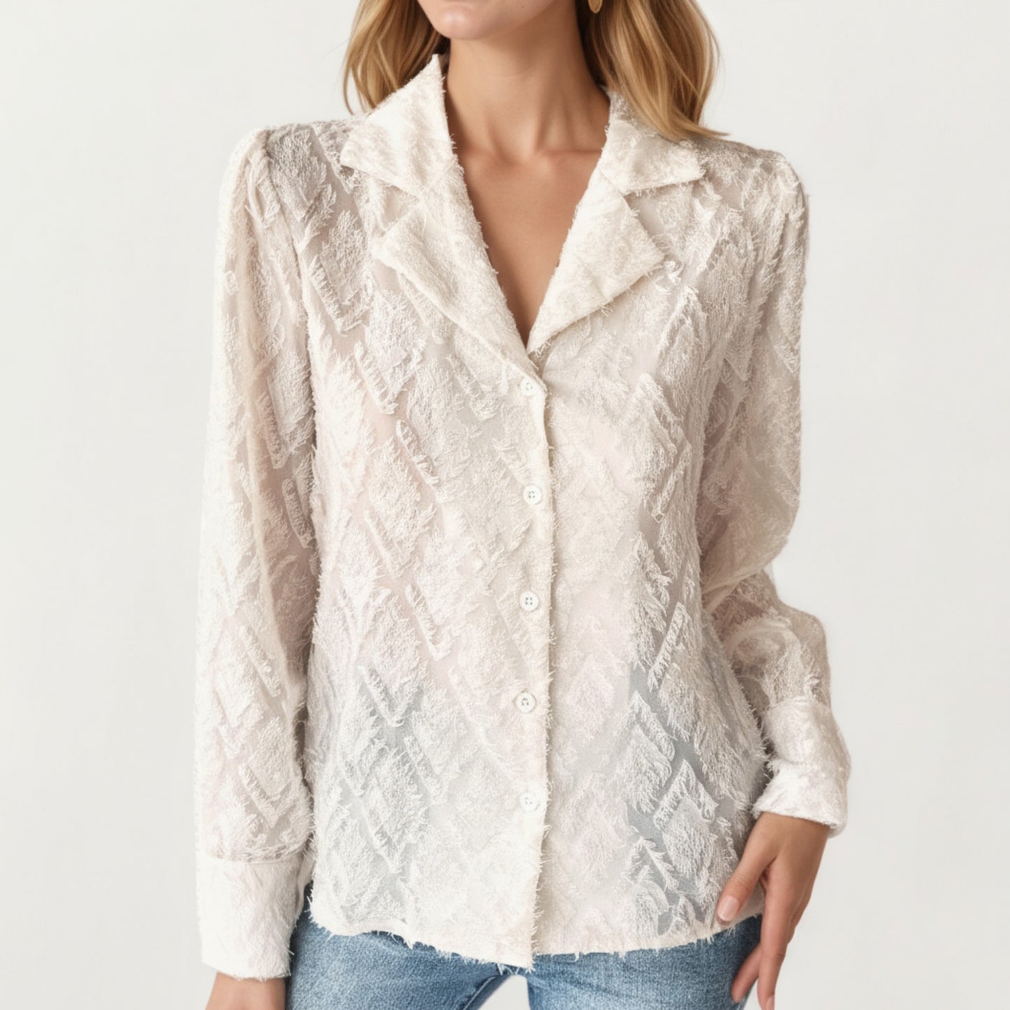 Long Sleeve Button-Up Textured Sheer Blouse with Collared Neckline and Subtle Diamond Pattern