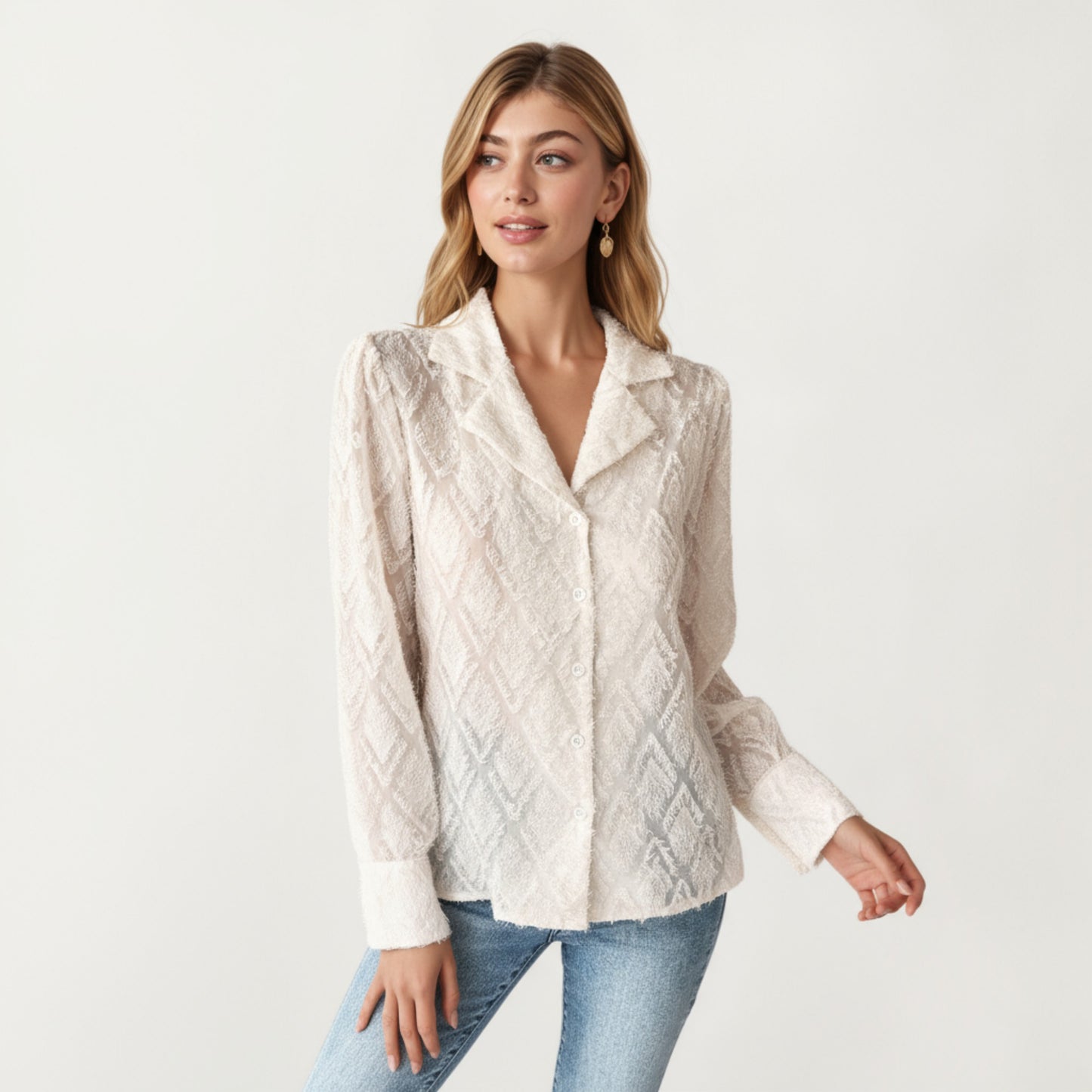 Long Sleeve Button-Up Textured Sheer Blouse with Collared Neckline and Subtle Diamond Pattern
