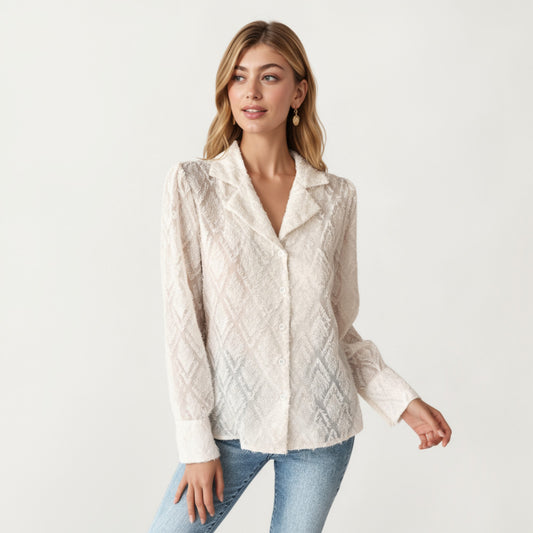 Long Sleeve Button-Up Textured Sheer Blouse with Collared Neckline and Subtle Diamond Pattern