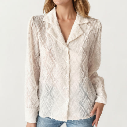 Long Sleeve Button-Up Textured Sheer Blouse with Collared Neckline and Subtle Diamond Pattern