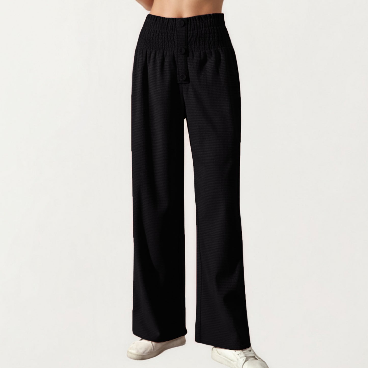 Soft Textured Knit Lounge Pants with Wide Leg Silhouette and Stretch High Waistband Featuring Decorative Button Front Detail