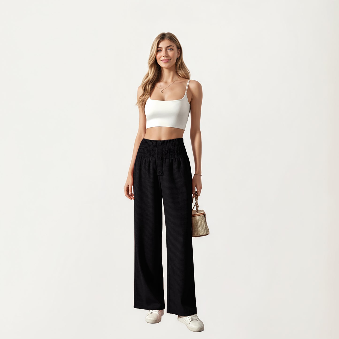 Soft Textured Knit Lounge Pants with Wide Leg Silhouette and Stretch High Waistband Featuring Decorative Button Front Detail