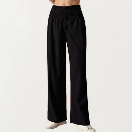 Soft Textured Knit Lounge Pants with Wide Leg Silhouette and Stretch High Waistband Featuring Decorative Button Front Detail