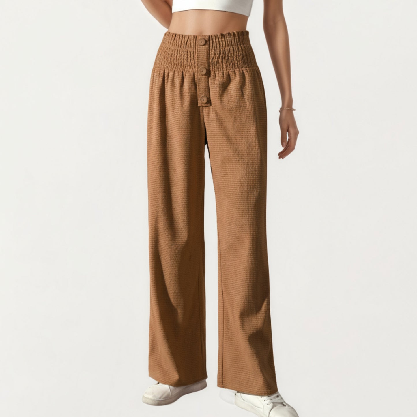 Soft Textured Knit Lounge Pants with Wide Leg Silhouette and Stretch High Waistband Featuring Decorative Button Front Detail