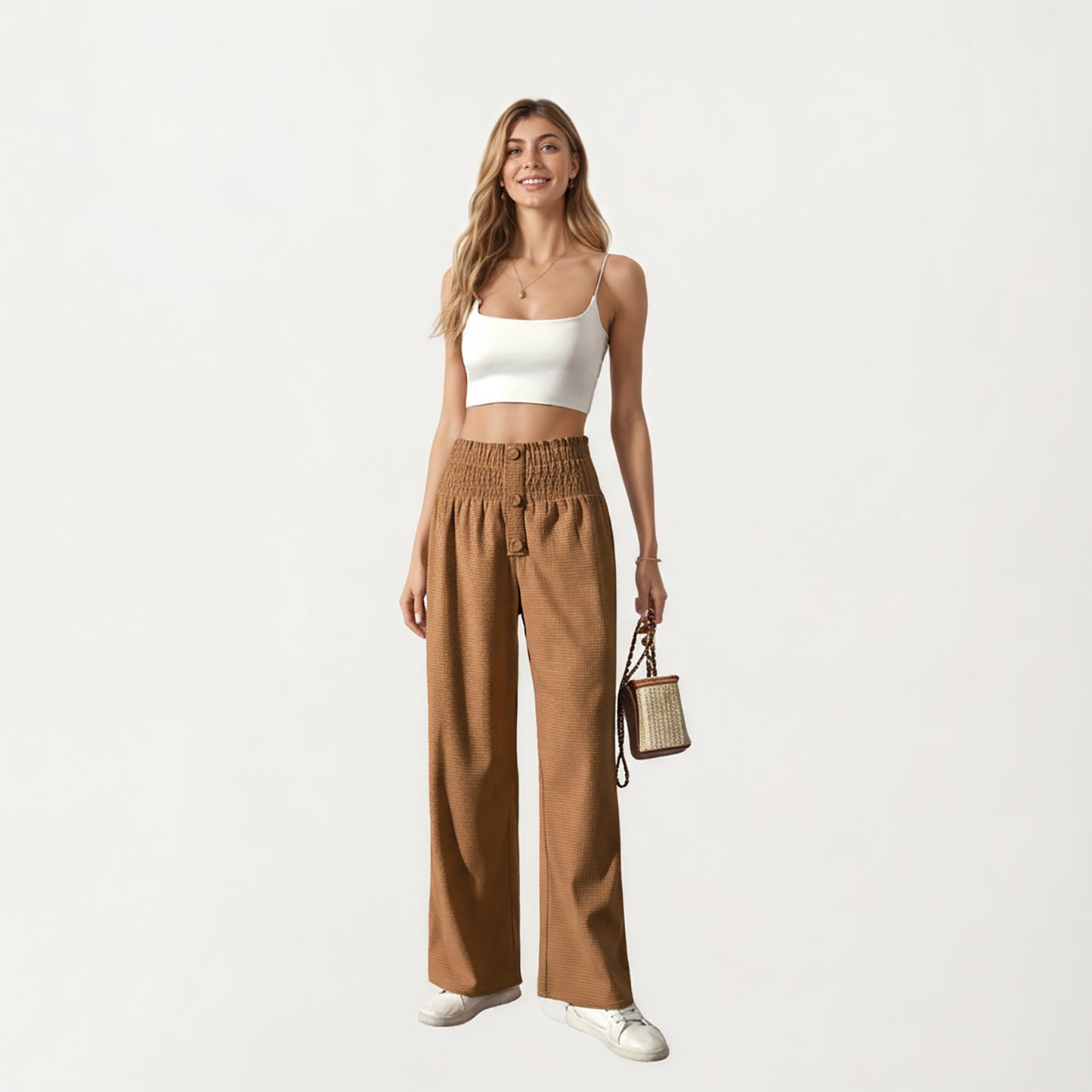 Soft Textured Knit Lounge Pants with Wide Leg Silhouette and Stretch High Waistband Featuring Decorative Button Front Detail