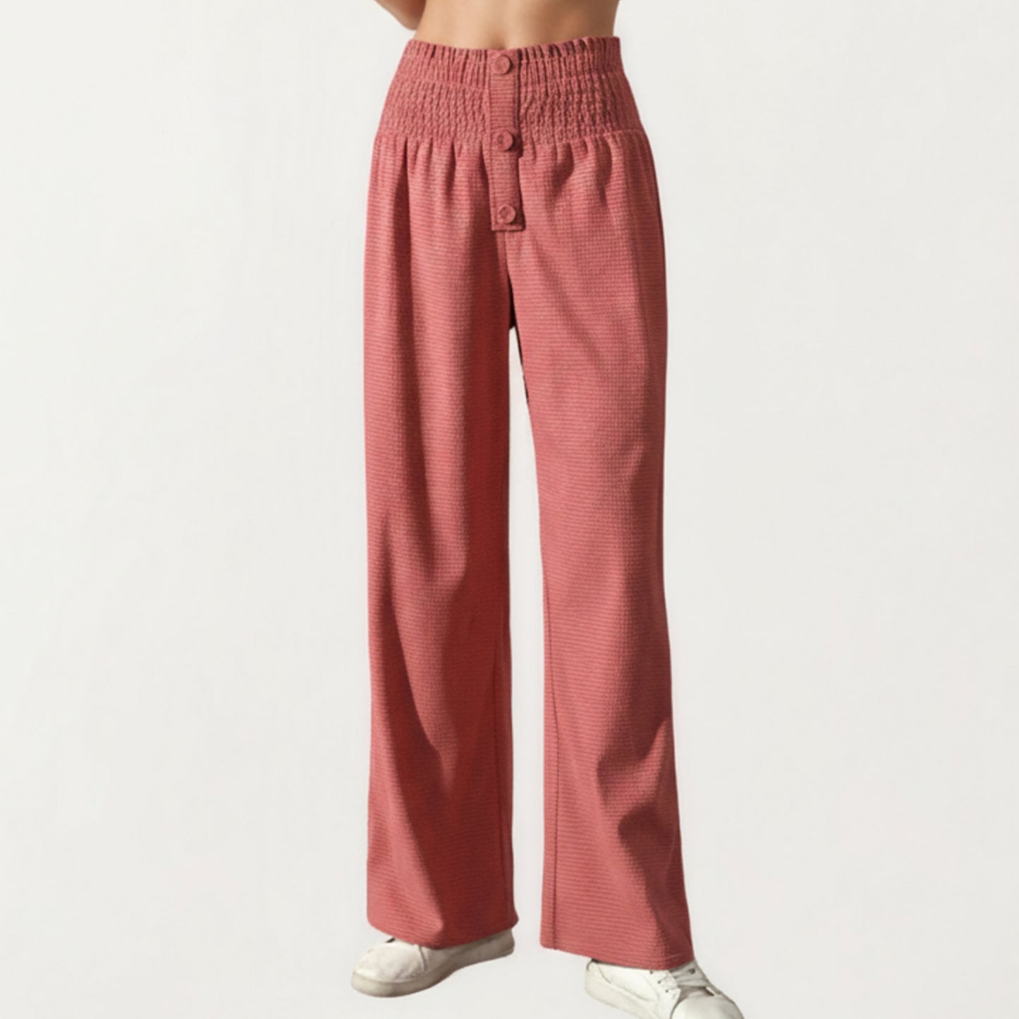 Soft Textured Knit Lounge Pants with Wide Leg Silhouette and Stretch High Waistband Featuring Decorative Button Front Detail