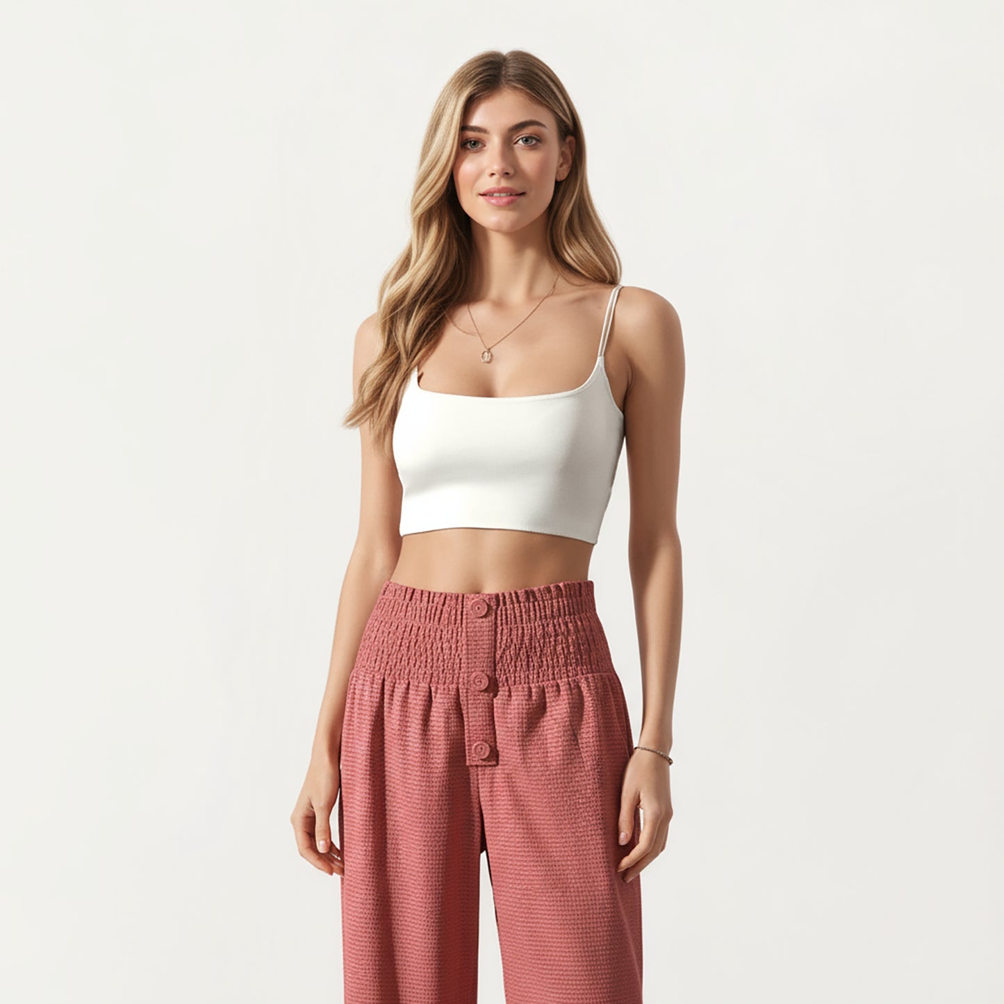 Soft Textured Knit Lounge Pants with Wide Leg Silhouette and Stretch High Waistband Featuring Decorative Button Front Detail