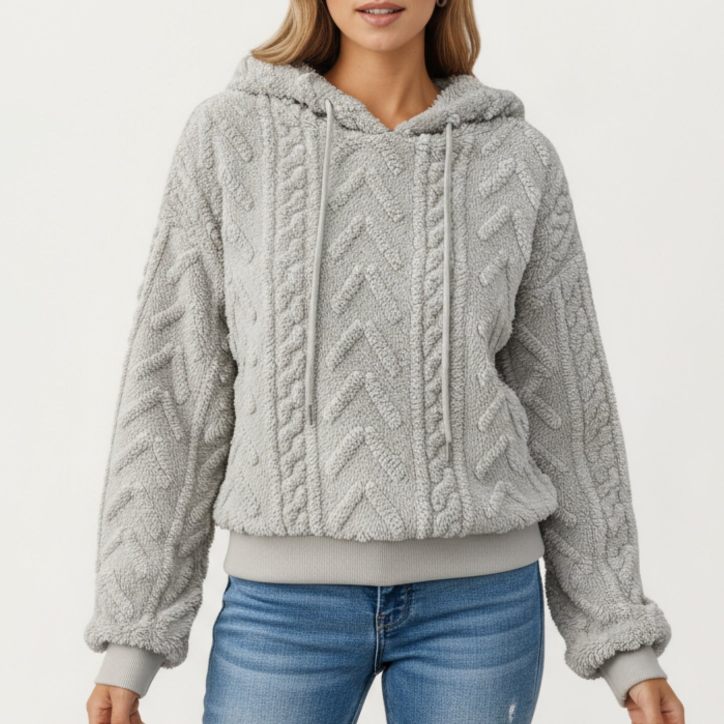 Plush Textured Hoodie with Cable Inspired Patterning, Soft High Pile Fabric, Relaxed Long Sleeves and Ribbed Trim Accents
