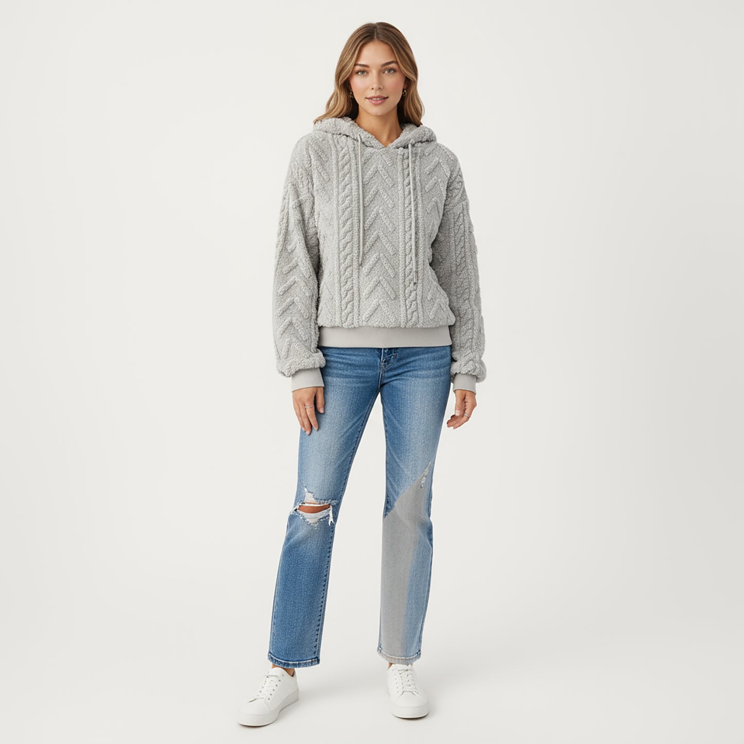 Plush Textured Hoodie with Cable Inspired Patterning, Soft High Pile Fabric, Relaxed Long Sleeves and Ribbed Trim Accents