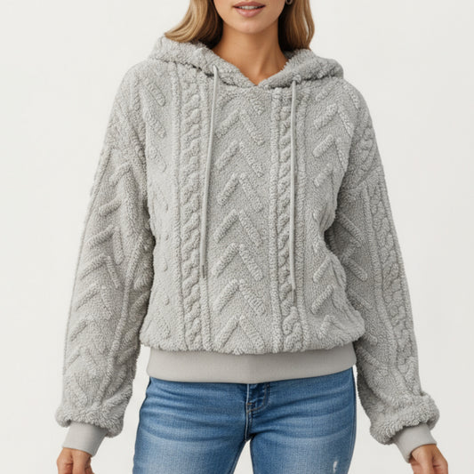 Plush Textured Hoodie with Cable Inspired Patterning, Soft High Pile Fabric, Relaxed Long Sleeves and Ribbed Trim Accents