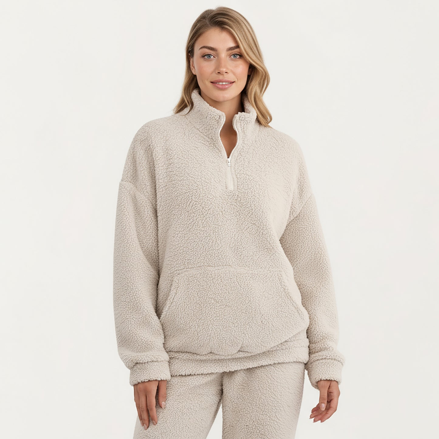 2-Piece Set Plush High Pile Fleece Pullover with Quarter Zip Collar and Matching Elastic Cuff Pants in Soft Textured Fabric
