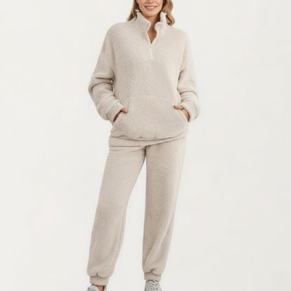 2-Piece Set Plush High Pile Fleece Pullover with Quarter Zip Collar and Matching Elastic Cuff Pants in Soft Textured Fabric