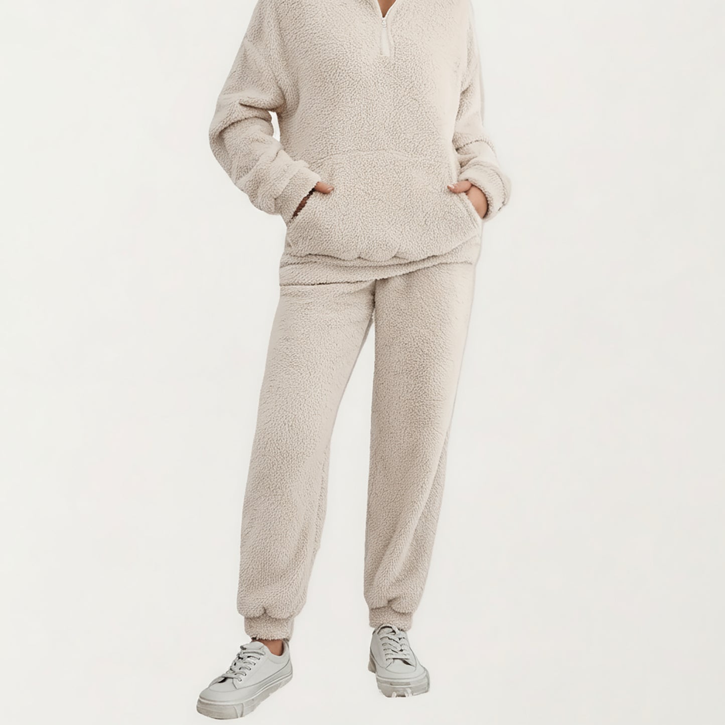 2-Piece Set Plush High Pile Fleece Pullover with Quarter Zip Collar and Matching Elastic Cuff Pants in Soft Textured Fabric