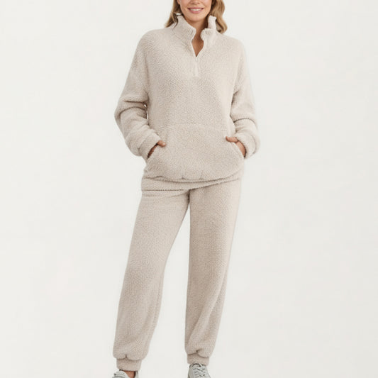 2-Piece Set Plush High Pile Fleece Pullover with Quarter Zip Collar and Matching Elastic Cuff Pants in Soft Textured Fabric