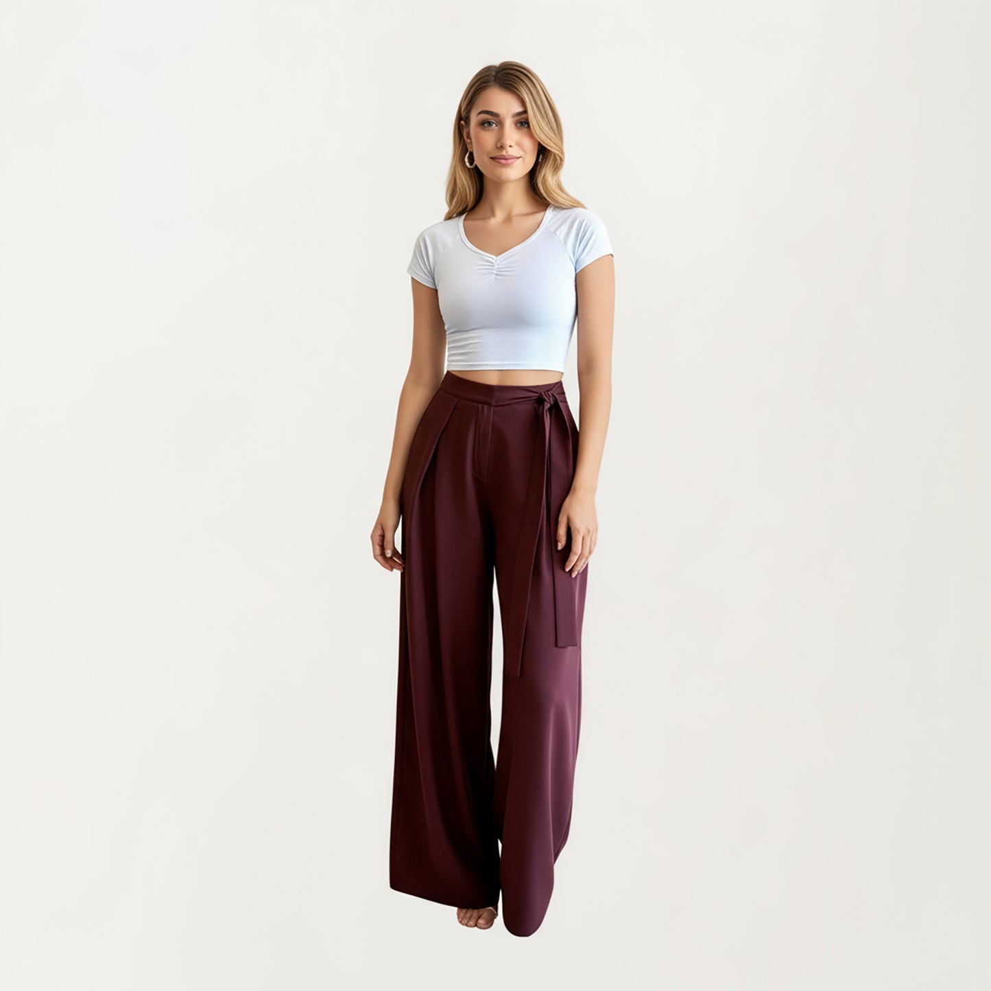 Wide Leg Pants with Draped Front Panels and Soft Flowing Fabric Featuring a Tie Waist Detail and Smooth Relaxed Silhouette