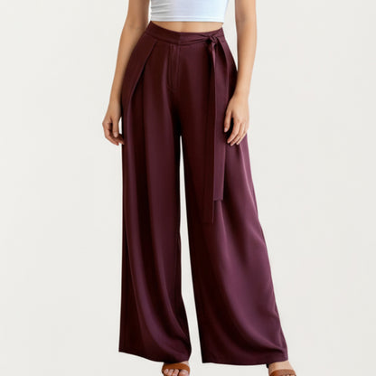 Wide Leg Pants with Draped Front Panels and Soft Flowing Fabric Featuring a Tie Waist Detail and Smooth Relaxed Silhouette