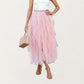 Layered Tulle Midi Skirt with Cascading Ruffle Panels and Soft Flowing Sheer Texture Creating a Voluminous Lightweight Silhouette
