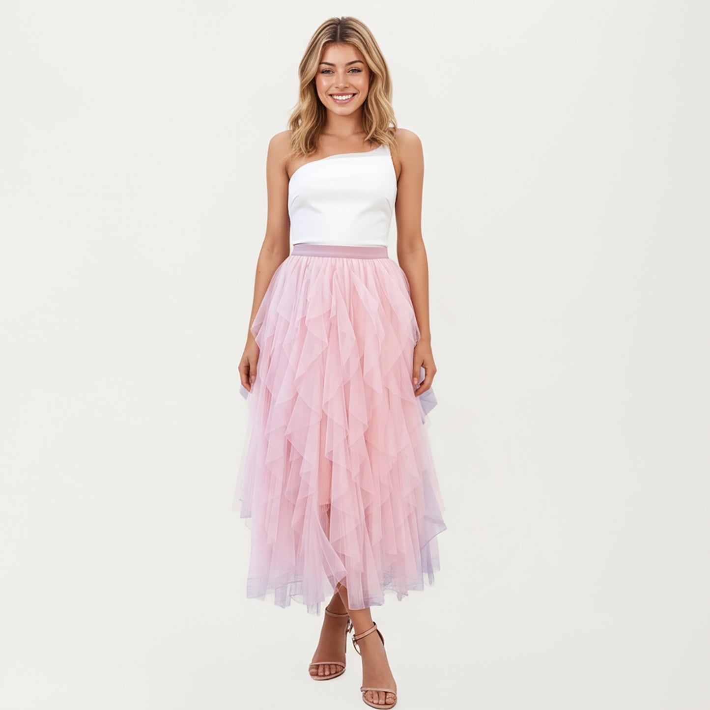 Layered Tulle Midi Skirt with Cascading Ruffle Panels and Soft Flowing Sheer Texture Creating a Voluminous Lightweight Silhouette