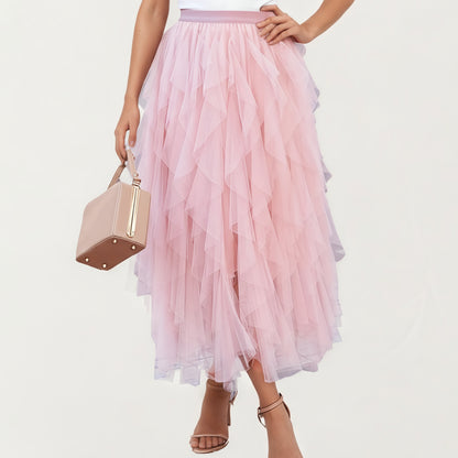 Layered Tulle Midi Skirt with Cascading Ruffle Panels and Soft Flowing Sheer Texture Creating a Voluminous Lightweight Silhouette