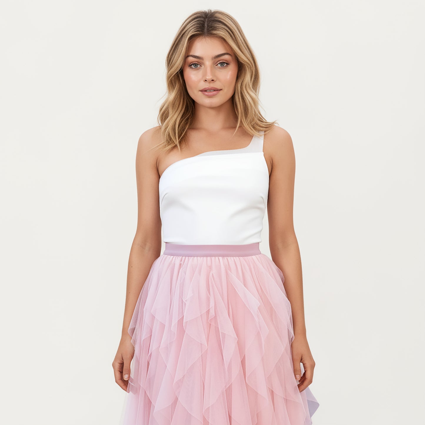 Layered Tulle Midi Skirt with Cascading Ruffle Panels and Soft Flowing Sheer Texture Creating a Voluminous Lightweight Silhouette