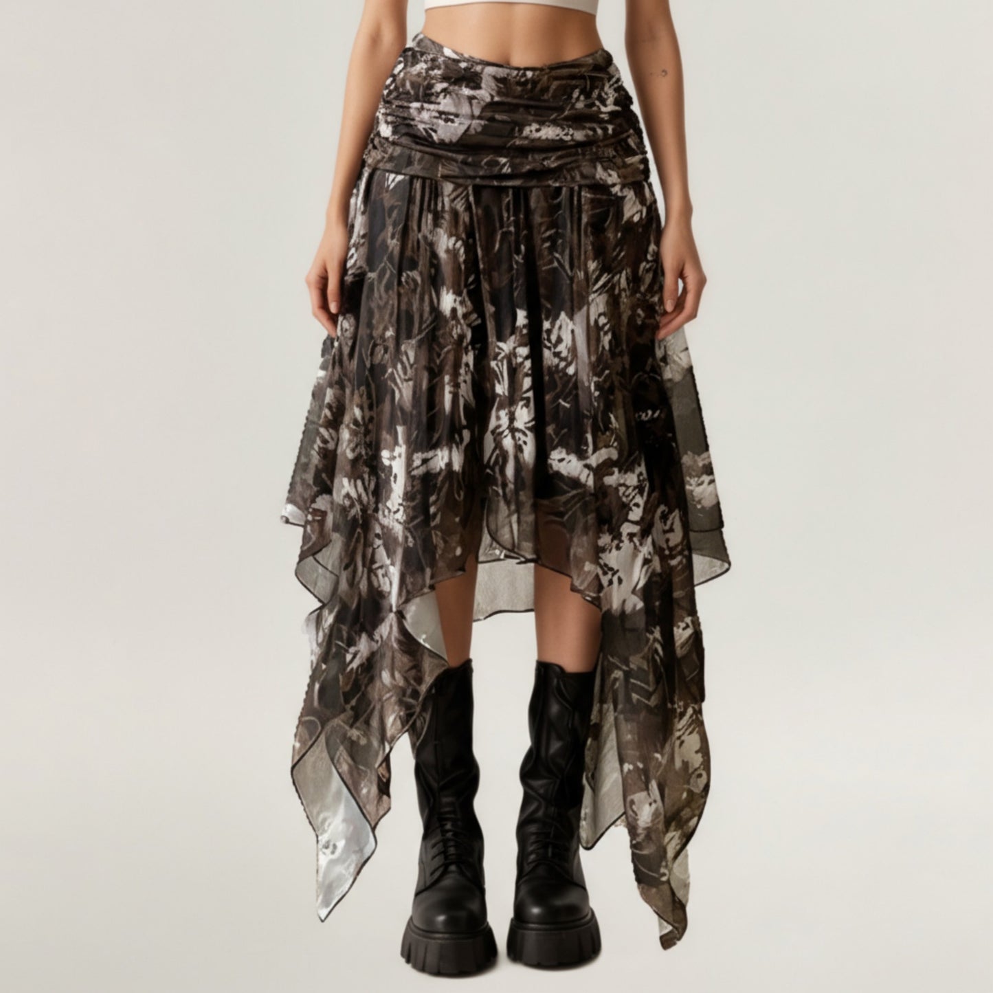 Asymmetrical Floral Chiffon Midi Skirt with Draped Waist and Layered Handkerchief Hem