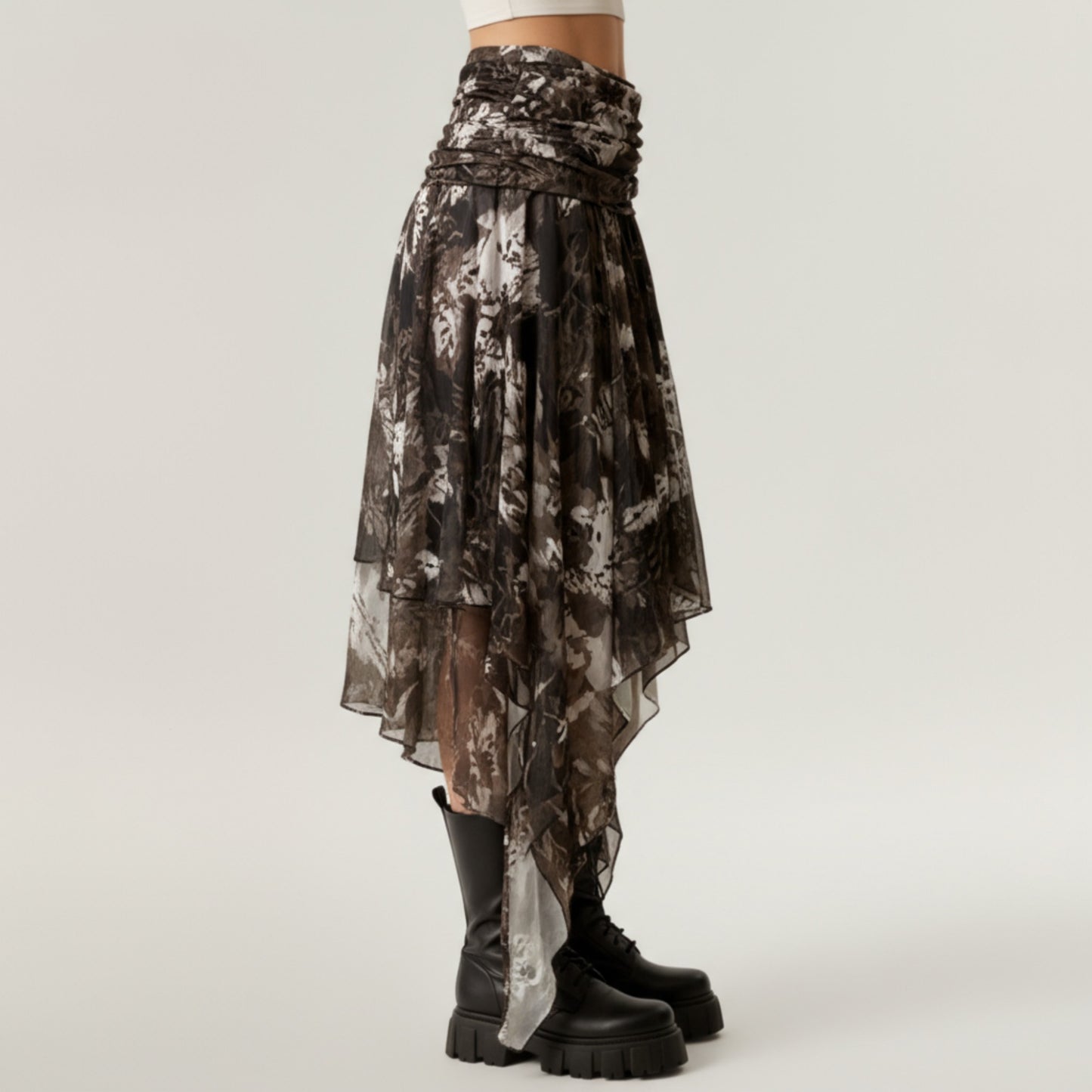 Asymmetrical Floral Chiffon Midi Skirt with Draped Waist and Layered Handkerchief Hem