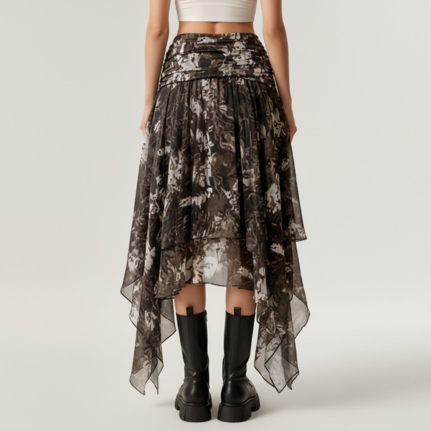 Asymmetrical Floral Chiffon Midi Skirt with Draped Waist and Layered Handkerchief Hem