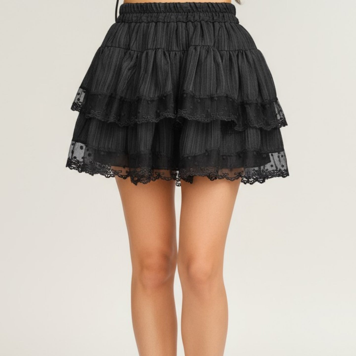 Tiered Ruffle Mini Skirt with Layered Textured Fabric Soft Stretch Waist and Sheer Lace Trim Detail
