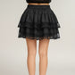 Tiered Ruffle Mini Skirt with Layered Textured Fabric Soft Stretch Waist and Sheer Lace Trim Detail