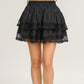 Tiered Ruffle Mini Skirt with Layered Textured Fabric Soft Stretch Waist and Sheer Lace Trim Detail
