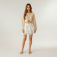 Tiered Ruffle Mini Skirt with Layered Textured Fabric Soft Stretch Waist and Sheer Lace Trim Detail