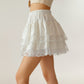Tiered Ruffle Mini Skirt with Layered Textured Fabric Soft Stretch Waist and Sheer Lace Trim Detail