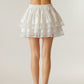 Tiered Ruffle Mini Skirt with Layered Textured Fabric Soft Stretch Waist and Sheer Lace Trim Detail