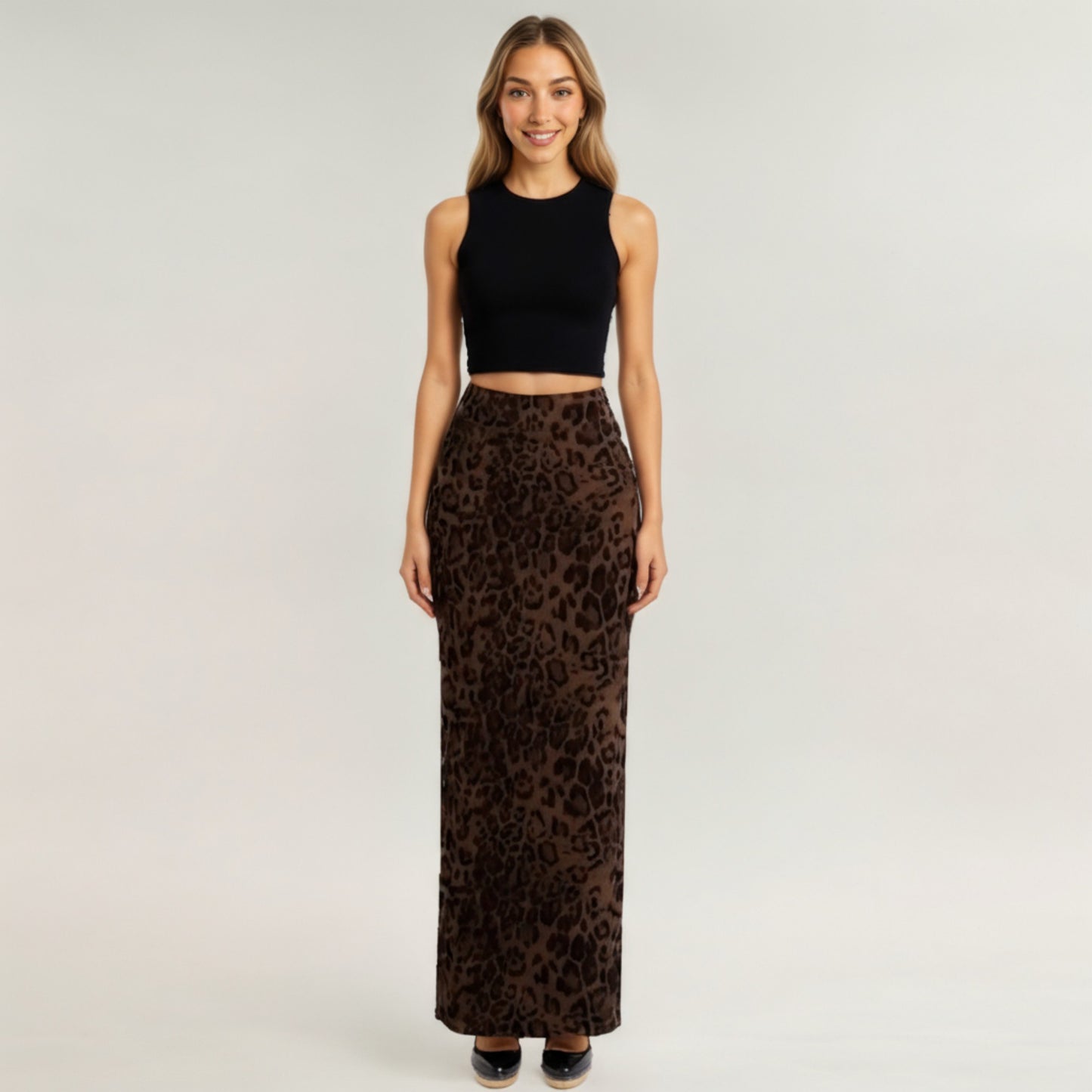 Leopard Print Maxi Skirt with Smooth Stretch Fabric, Soft Straight Silhouette and Clean High Waist Fit for Effortless Movement