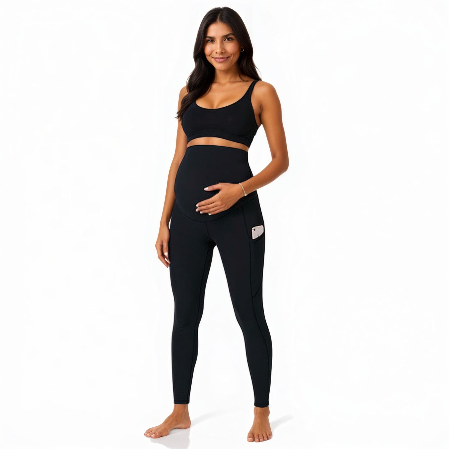 High Waist Maternity Leggings with Over Belly Panel and Side Utility Pockets for Supportive Stretch Comfort