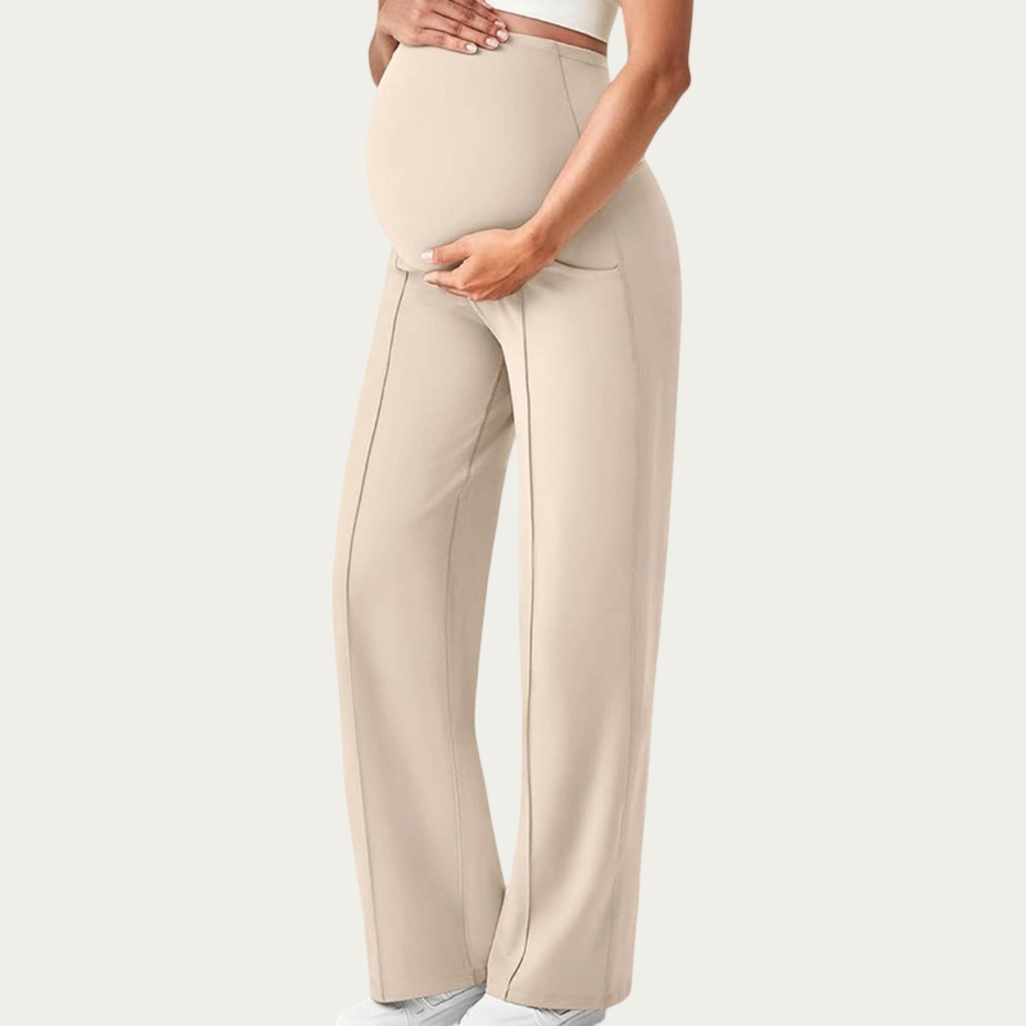 Soft Stretch Maternity Pants with Full Belly Panel and Front Seam Detailing for Smooth Support and Flattering Wide Leg Fit